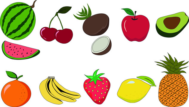 Drawing of strawberry, banana, coconut, pineapple, apple, watermelon, avocado, orange, cherry, lemon. Set of fruits