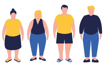Obraz premium Set of flat cartoon illustrations of overweight women and men. Male and female characters of large size. Body positive .Body mass index concept. Adults with overweight problems. Isolated