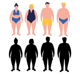 Set of flat cartoon illustrations of overweight women and men. Male and female characters of large size. Body positive .Body mass index concept. Adults with overweight problems. Isolated