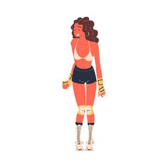 Retro Dressed Woman Roller Skater in Shorts Roller Skating and Smiling Vector Illustration