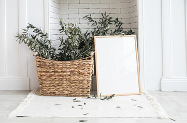 Mock up poster frame in modern interior. Scandinavian home design.