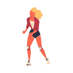 Fototapeta na wymiar Retro Dressed Blond Woman Roller Skater in Shorts Roller Skating Vector Illustration