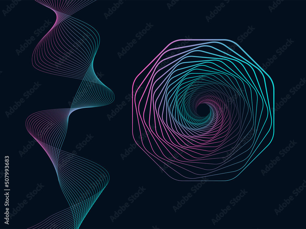 Poster vector set for design. a 3d tunnel made of a geometric shape and a sinuous wave. abstract graphics o