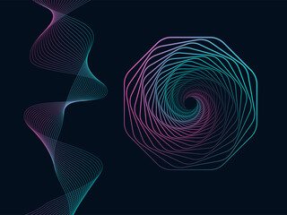 Vector set for design. A 3D tunnel made of a geometric shape and a sinuous wave. Abstract graphics on a dark background.