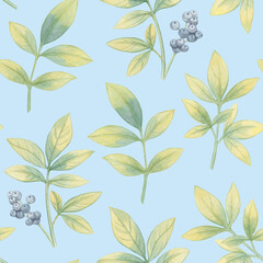 Seamless botanical watercolor pattern. Leaves on an abstract background. Watercolor illustration in digital processing.