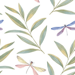 Abstract seamless background of leaves and dragonflies for design, fabric, wallpaper, wrapping paper. Graceful botanical drawing. Watercolor illustration processed in a digital program.