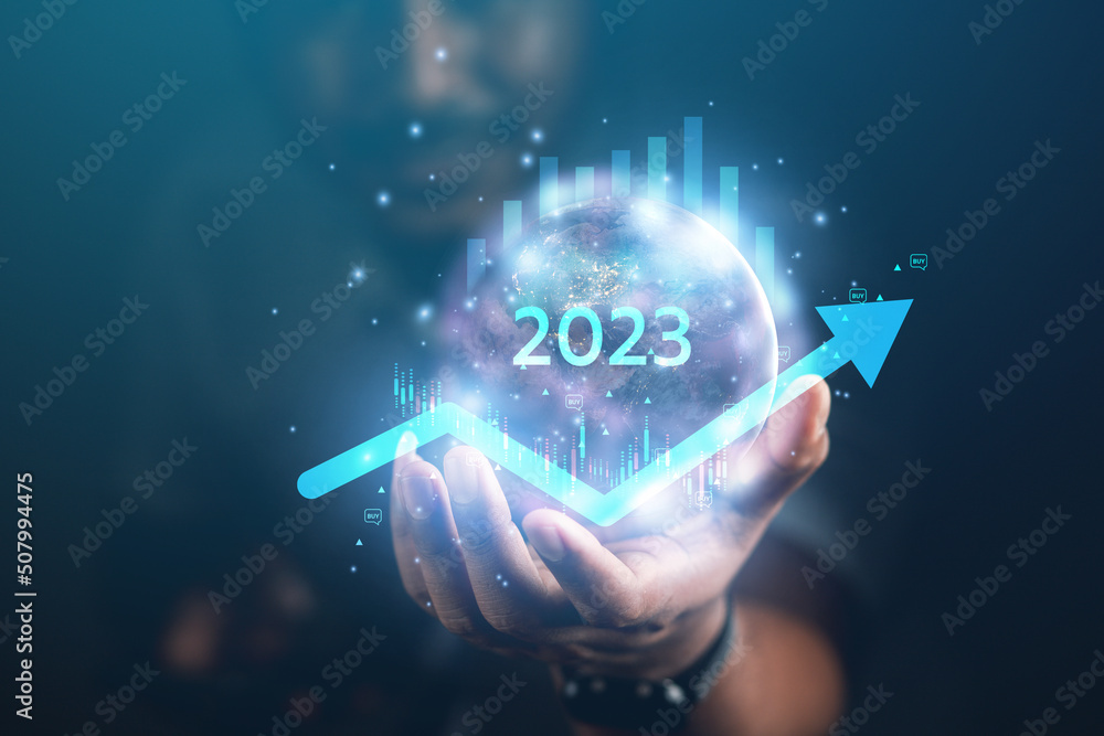 Poster concept 2023 future world metaverse. insightful business man vr application technology, global inter