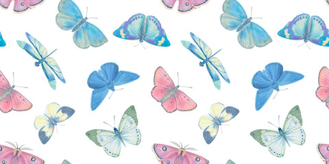 Naklejka na ściany i meble Seamless pattern Watercolor butterflies on a bright background. Botanical background of butterflies for design, wallpapers, wrapping paper, textiles.