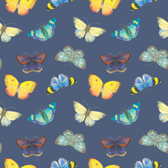 Seamless pattern Watercolor butterflies on a bright background. Botanical background of butterflies for design, wallpapers, wrapping paper, textiles.