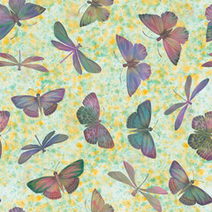 Fototapeta na wymiar Seamless watercolor background. Butterflies and dragonflies on a background of flowers. Colorful botanical background for design, textiles, wallpapers.