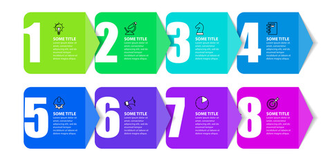 Infographic template. 8 colored squares with arrows