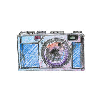 Abstract drawing of a camera with colored pencils on paper, isolated on a white background. Freehand pencil sketch of a retro camera.