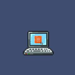 laptop with shopping screen in pixel art style
