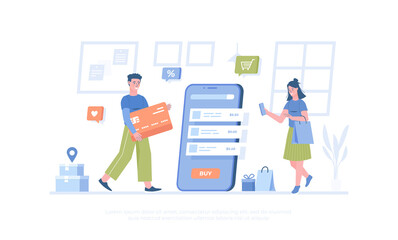 Shopping online. Internet store app and mobile payments by credit card via electronic wallet wirelessly on phone. Cartoon modern flat vector illustration for banner, website design, landing page.	