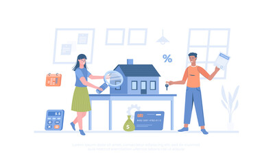 Mortgage, credit agreement. Calculation of loan repayment, home value. Cartoon modern flat vector illustration for banner, website design, landing page.	