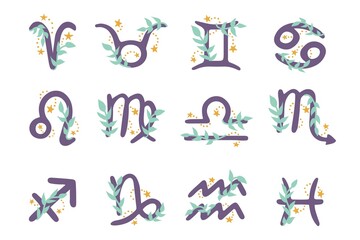 Cute vector set of zodiac sign. Horoscope symbols. Aquarius, pisces, aries, leo, gemini, taurus, scorpio, sagittarius, libra, virgo, capricorn, cancer. Astrology for kids
