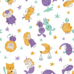Cute vector pattern with zodiac sign. Adorable characters. Aquarius, pisces, aries, leo, gemini, taurus, scorpio, sagittarius, libra, virgo, capricorn, cancer. Horoscope signs for kids