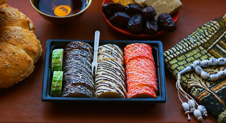 Bread, tea and dates, halva