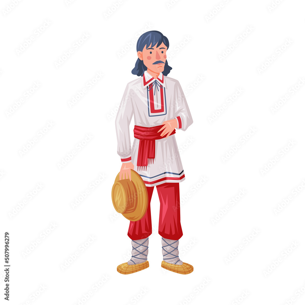 Sticker Man Wearing Traditional Clothing of Romania with Embroidery and Straw Shoes Vector Illustration