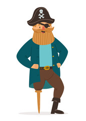 Pirate captain with a big beard and hat with skull and crossbones. Pirate with one leg and one eye. Vector character illustration isolated on white background