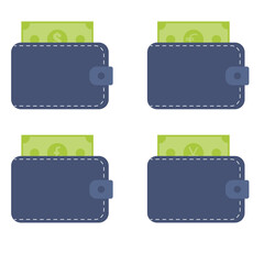 Set of leather wallets with money dollar, euro, pound, yen. Isolated on white background. Vector illustration.