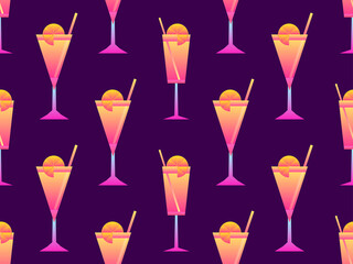 Cocktail with umbrellas 80s style seamless pattern. Alcoholic cocktails with umbrellas and lime slice. Design for bar menus, advertising materials and banners. Vector illustration