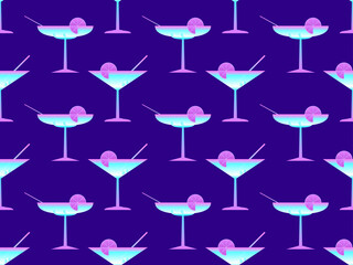 Cocktail with umbrellas 80s style seamless pattern. Alcoholic cocktails with umbrellas and lime slice. Design for bar menus, advertising materials and banners. Vector illustration