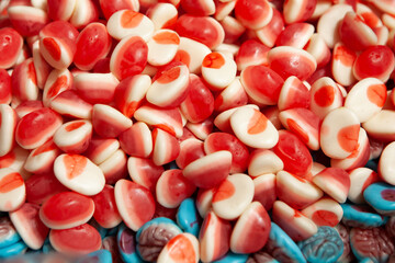 Candy sweets jelly. Close up view of delicious sweet candies in form of brain, body organ. Fruit jelly in shop window. Sweets for Easter, Halloween. Unhealthy or organic food. Selective focus 