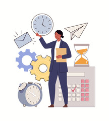 Concept of effective time management. Strategic planning, organization of work, schedule of planned cases. Secretary, assistant, manages business process. Flat vector illustration. Cartoon characters.