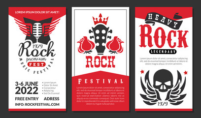 Rock Music Festival Vertical Banner with Electric Guitar and Skull Vector Template