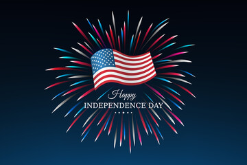 Banner 4th of july usa independence day, template with american flag on sky background and colorful fireworks. Fourth of july, USA national holiday. Vector illustration, poster - obrazy, fototapety, plakaty