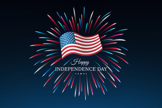 Banner 4th of july usa independence day, template with american flag on sky background and colorful fireworks. Fourth of july, USA national holiday. Vector illustration, poster