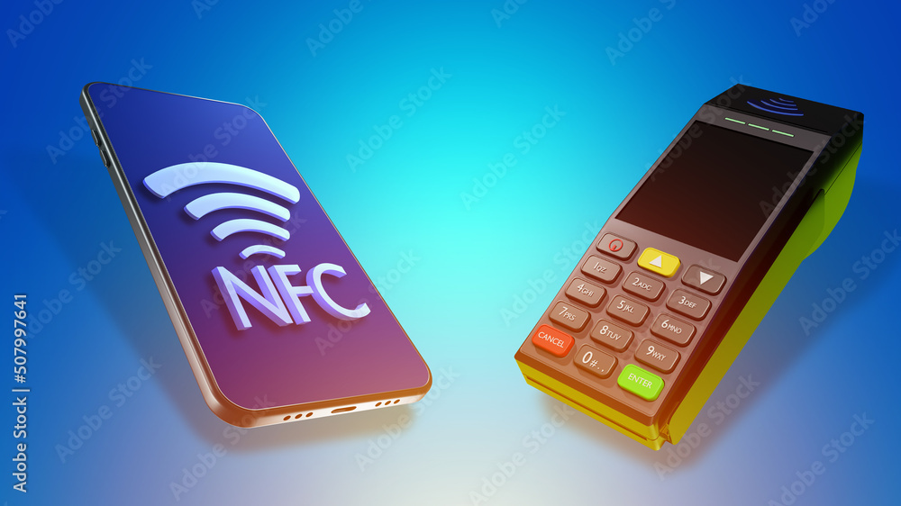 Aufkleber payment using smartphone. contactless payments. nfc system. near field communication. a mobile phone