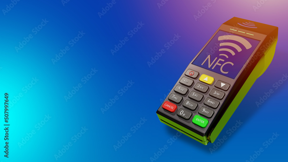 Poster bank payment terminal mockup. device for processing nfc payments. collage with a pos terminal. banki