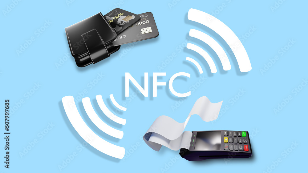 Poster nfc technology. payment using near field communication technology. contactless payments. nfc logo on