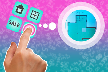 Buying apartment. Buying home. Purchase of apartments. New house. Investment in real estate. Collage in magazine style. Real estate services online. Application for buying and selling real estate.
