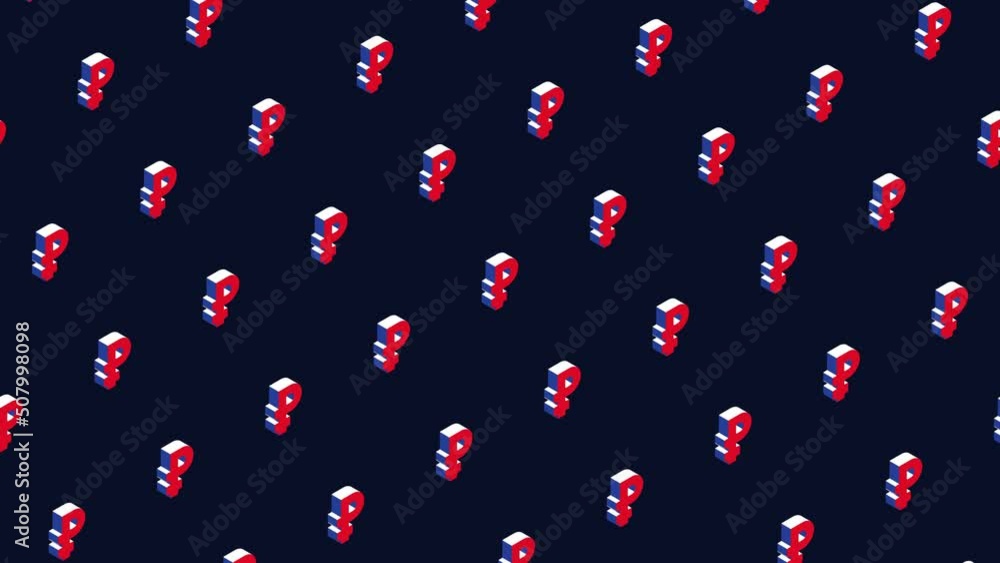 Aufkleber isometric symbols of russian ruble in animated pattern on a dark background. seamless loop financial