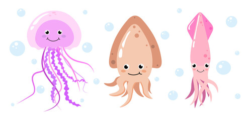 Set of multicolored marine inhabitants in cartoon style. Vector illustration of charming characters jellyfish, cuttlefish, squid with bubbles around.