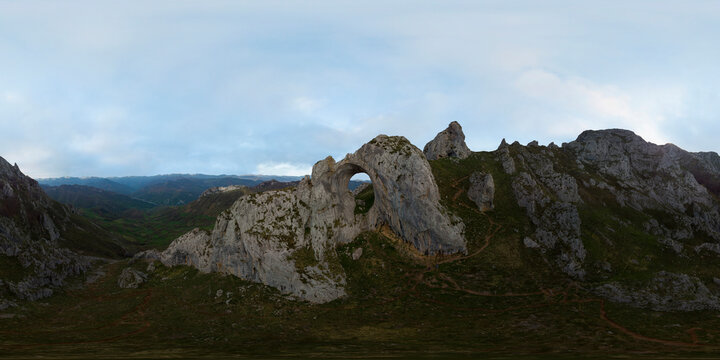 Aerial panorama with my drone in bull's-eye of Pena Mea in Asturias