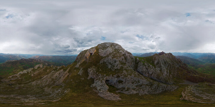Aerial panorama with my drone of climb to Pena Mea mountain in Asturias