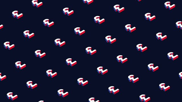 Isometric symbols of British Pound in animated pattern on a dark background. Seamless loop animated pattern for financial illustration