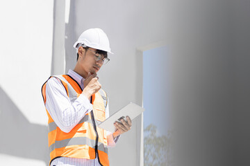 A civil engineer  Asia or architect with a hardhat on a construction site checks the schedule on a...