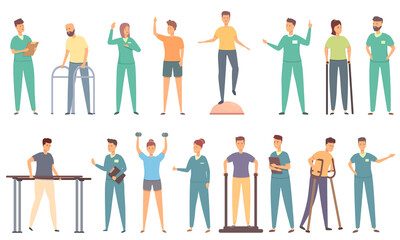 Physical therapist icons set cartoon vector. Disability assitance. Care balance