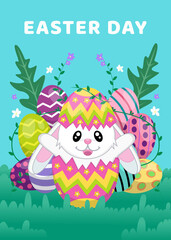 happy easter day, with a bunny in an egg and some beautiful flowers