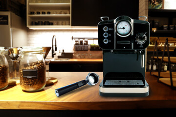 black modern design coffee machine is on nice wooden table with jars of coffee beans and background of cafe coffee shop  making coffee for customers in the morning