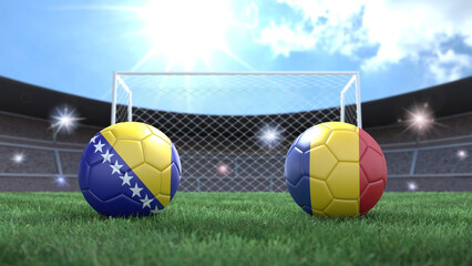 Two soccer balls in flags colors on stadium blurred background. Bosnia and Romania. 3d image
