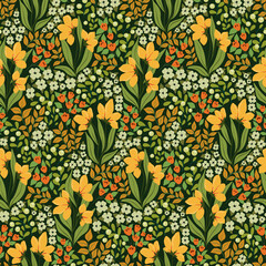 Seamless pattern with European meadow in natural colors. Ornate botanical background, vintage floral print with hand drawn plants, wild flowers, leaves, herbs. Vector illustration.