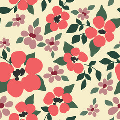 Cute ditsy print with liberty floral composition on a light field. Seamless pattern, feminine botanical background with small pink flowers, tiny hand drawn leaves, romantic spring meadow. Vector.