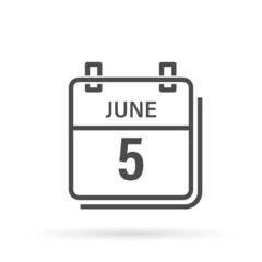 Calendar icon with shadow. June 5, Day, month. Flat vector illustration.