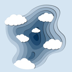 Cloudscape with paper cut effect. Blue sky. Space for text or image. Vector illustration.